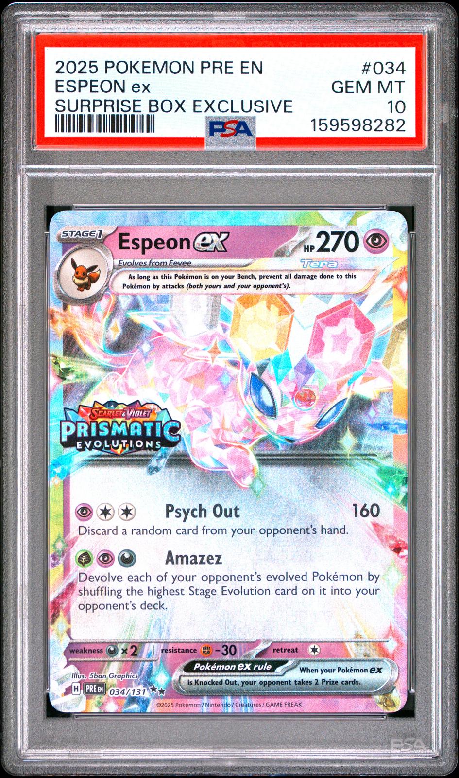 Pokemon Pre En-Prismatic Evolutions #034 Espeon Ex Surprise Box Exclusive PSA 10