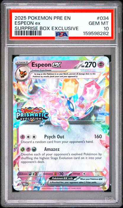 Pokemon Pre En-Prismatic Evolutions #034 Espeon Ex Surprise Box Exclusive PSA 10