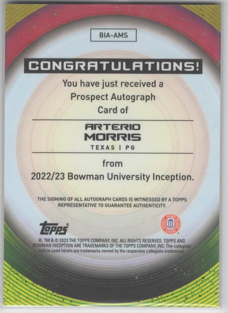 Arterio Morris - 2023 Bowman U Inception - Auto