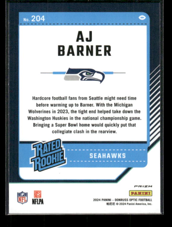 AJ Barner - 2024 Donruss Optic - Purple Scope - Rated Rookie