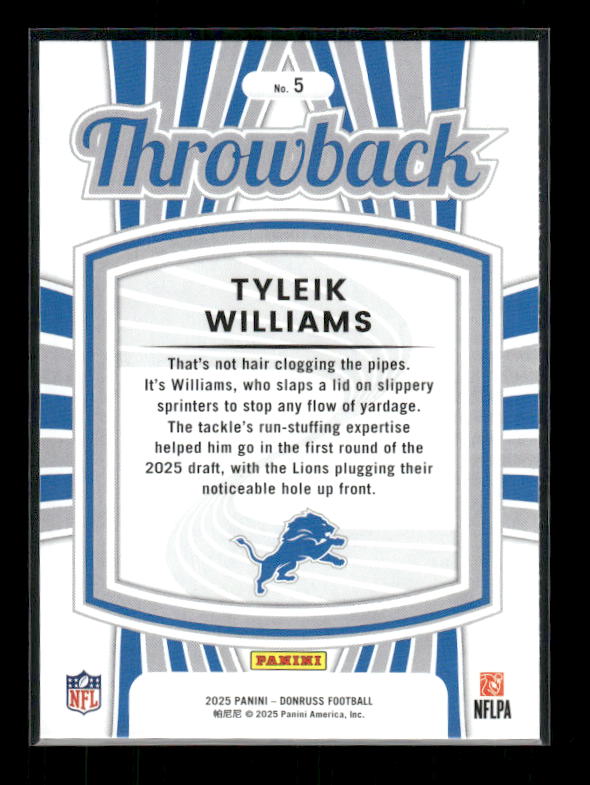 Tyleik Williams - 2025 Donruss Football - Throwback - Rated Rookie