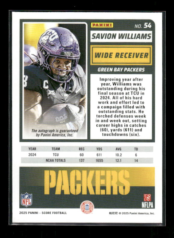 Savion Williams - 2025 Score Football - Green Auto - Rookie