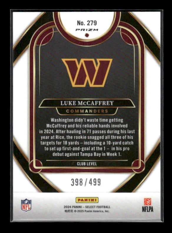 Luke McCaffrey - 2024 Select Football - Green Shock /499 - Club Level - Rookie