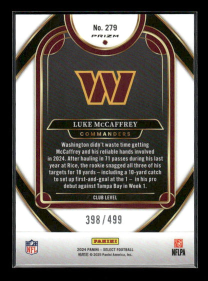 Luke McCaffrey - 2024 Select Football - Green Shock /499 - Club Level - Rookie